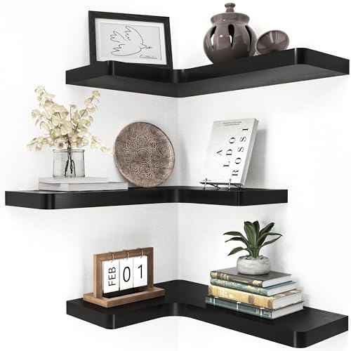 fuqing Corner Floating Shelves for Storage, Set of 3, Solid Wood, Wall Mount Wooden Display Shelf for Bathroom Bedroom Kitchen Garage, Black - color: Invisible Bracket, Black