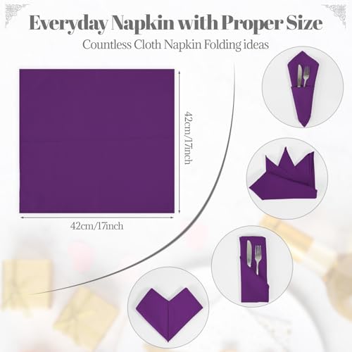 PLOYMONO Eggplant Heavy Duty Cloth Napkins - 17 x 17 Inch Solid Washable Polyester Dinner Napkins - Set of 8 Napkins with Hemmed Edges - Great for Weddings, Parties, Banquets Dinner & More - color: Eggplant