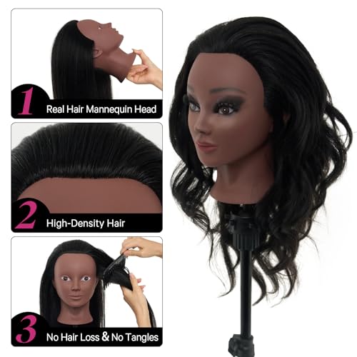 18" Mannequin Head Human Hair with Stand - 100% Real Hair Mannequin Head for Makeup Practice, Cosmetology Manikin Doll Head for Hair Styling, Hairdressing Training Head for Braiding with Tripod,Black - color: Black#1B&Tripod