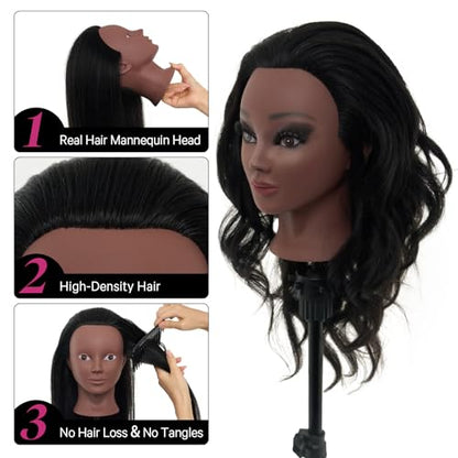 18" Mannequin Head Human Hair with Stand - 100% Real Hair Mannequin Head for Makeup Practice, Cosmetology Manikin Doll Head for Hair Styling, Hairdressing Training Head for Braiding with Tripod,Black - color: Black#1B&Tripod