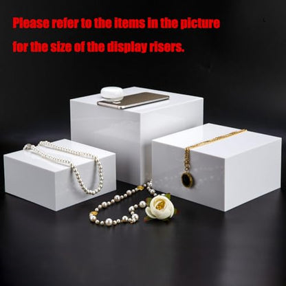 Clisela 3pcs Acrylic Cube Display Stands Box Risers with Hollow Bottoms, Food Risers for Buffet Table, Decorative Display Stand Shelf for Dessert Collectibles Jewelry Figures Show - White 6" 7" 8" - size: (6,7,8)"- White