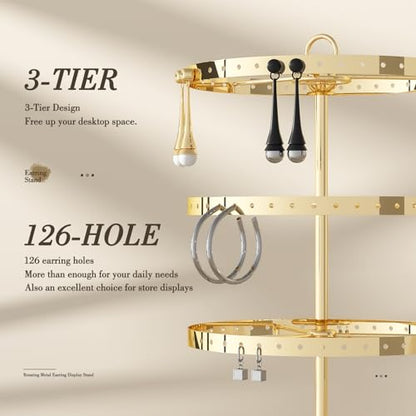 3 Tiers Earring Holder Organizer, Metal Rotating Earring Stand Adjustable Display Tree, 126 Holes Carousel Rack for Stud Hoop Pierced Dangling Women, Perfect View for All Earrings (Gold) - color: Gold