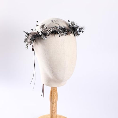 Black Flower Crown Headband - Elf Floral Headpiece Flower Girl Hair Accessory Pregnant Women Birthday Wedding Party Photo Props - color: Feather-Black