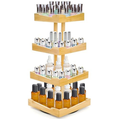 ZAVOOS Nail Polish Organizer, 4 Tier Bamboo Stand Essential Oil Display Rack for 120-212 Bottles, 360° Rotating Large Capacity Cosmetics Storage Shelf Holder for Home Spa, Business Salon