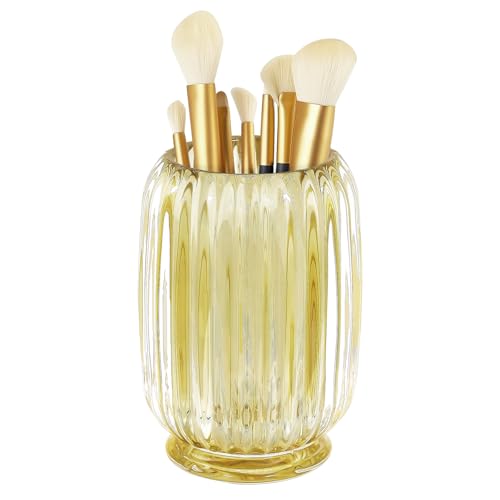 Makeup Brush Holder, Thick Glass Makeup Brush Organizer Cup, 4.8" Tall for Vanity Hair Brush Holder Brushes Storage, Makeup Brush Holder Organizer organizador de brochas de maquillaje Crystal Amber - color: Amber