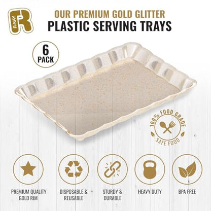 6 Pack Gold Glitter Plastic Serving Trays for Party, 9 x 13 Inch - Heavy Duty Plastic Gold Trays for Food - Rectangular Party Serving Platters - color: Gold Glitter