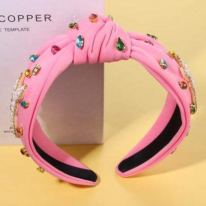 NVENF Easter Headband for Women Beaded Rabbit Bunny Headband White Pink Crystal Pearl Knotted Hairband Happy Easter Hair Accessories Spring Holiday Headwear Outfits Gifts (Bunny A - Pink) - color: Bunny A - Pink