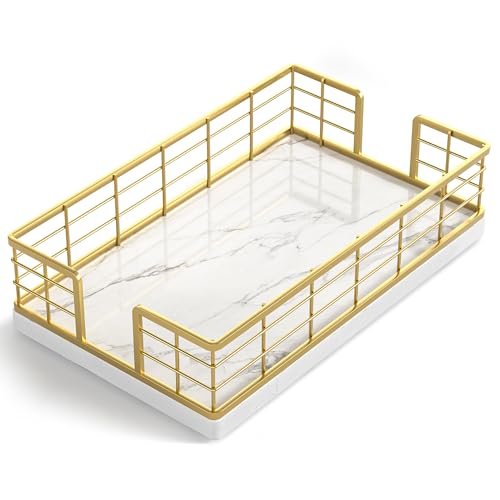 Wican Marble Guest Towel Holder Tray for Bathroom, Napkins Holder for Powder Room Dinning Table Wooden Basket for Disposable Paper Hand Towels Gold and Marble White - color: Gold/Marble White, size: 9.06 x 5.51 x 2.56 inchs