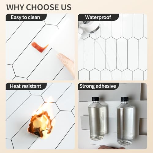 DICOFUN 10-Sheet Long Hexagon Peel and Stick Backsplash, 12"x12" PVC Stick on Backsplash Wall Tiles for Kitchen and Bathroom (Polished White) - color: Polished White, size: 10 Sheets, 12"x12"x0.12"