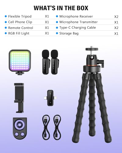 Vlogging Kit for iPhone/Android, Flexible Tripod with RGB Fill Light, Wireless Remote & Microphone, YouTube Starter Kit, Adjustable Content Creator kit for Tiktok/Vlog/Video Recording