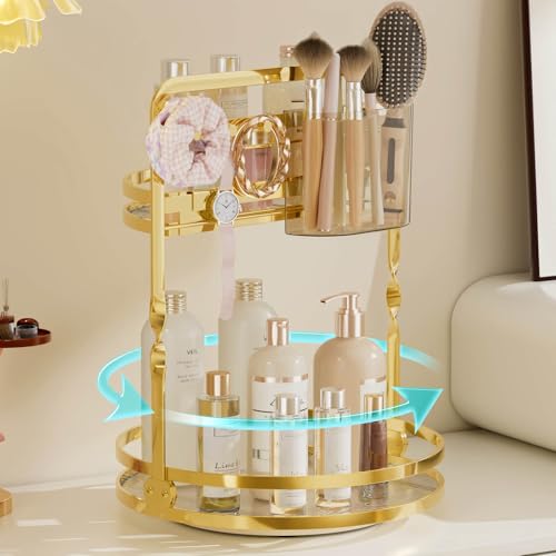 Rotating Makeup Organizer for Vanity, Gold Lazy Susan Perfume Organizer, 2-Tier Bathroom Counter Organizer, 360° Spinning Skincare Dresser Storage, Cosmetic Display Case with Brush Holder - color: Gold
