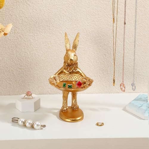Garneck Gold Bunny Statue Decor: Retro Rabbit Figurine with Oval Plate Jewelry Trinket Dish Ring Tray for Earrings Necklace Bracelet Keys Desktop Nightstand Easter Home