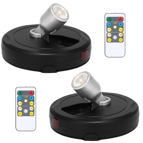 LED Spotlight Battery Operated, Wireless Picture Light, Accent Spot Light for Indoor Plant Tree, Display Puck Lights with Remote, Stick on Uplighting for Wall Photo Painting Dartboard Decor Artwork - color: Black+Silver