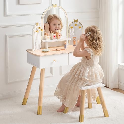 ROBUD Kids Vanity Table and Chair Set, Girls Vanity Set with Mirror, Pretend Play Kids Vanity, Makeup Dressing Table with Drawer and Accessories, Age 3+ (Platinum) - color: Platinum
