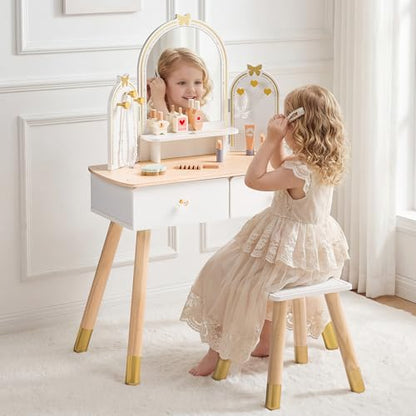 ROBUD Kids Vanity Table and Chair Set, Girls Vanity Set with Mirror, Pretend Play Kids Vanity, Makeup Dressing Table with Drawer and Accessories, Age 3+ (Platinum) - color: Platinum