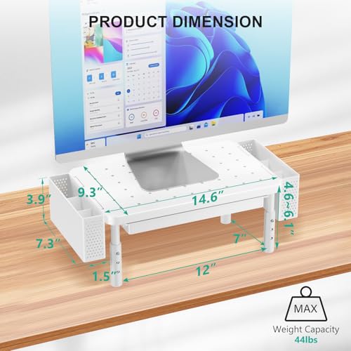 WALI Computer Monitor Stand with Storage, Desk Organizer with Drawer and Pen Holder, Desk Monitor Riser 3 Height Adjustable, Laptop Riser for Computer, Laptop, Printer(PTT003-W), 1 Pack, White - color: White, size: 14.6" * 9.3" with Drawer and Pen Holder