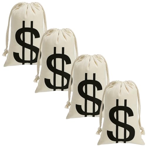 4Pcs 6.3 x 9 Inches Canvas Money Bags - Halloween Prop Money Bag with Dollar Sign, Money Sacks for Bank Robber Costume Pirate Cosplay Theme Party - size: S-6.3 x9 in
