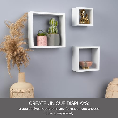 MELANNCO Floating Square Cube Shelves, for Bedroom, Living Room, Bathroom, Kitchen, Nursery, Set of 3, White, 3 Count - color: White, size: Set of 3