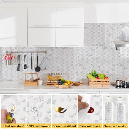 Yipscazo Peel and Stick Backsplash Tile, Stick on Stainless Steel Backsplash Metal Tiles for Kitchen Walls in Marble White Mixed Metal (12''x12'',10 Sheets) - color: Marble White mixed Metal