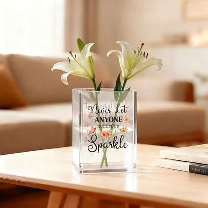 Never Let Anyone Dull You Sparkle Acrylic Cosmetic Organizer Pen Holder, Motivational Acrylic Desk Holder Cup for Pen Pencil, Inspirational Office Gifts for Women Coworker Femal Leader Bestie