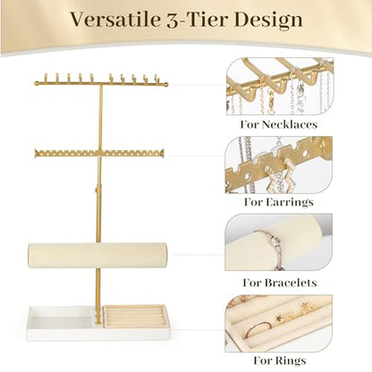 Tirzah 3-Tier Adjustable Jewelry Holder Organizer Stand with 20 Necklace Hooks, 18 Earring Holes and Notches, Bracelet Holder, 6 Ring Rolls, Jewelry Tray for Girls, Women - color: Gold & White, for Necklace Earring Bracelet
