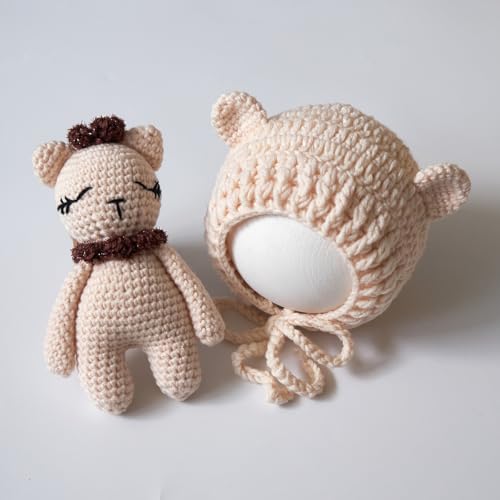 Zeroest Newborn Photography Outfits Boy Girl Bear Props Baby Photoshoot Crochet Bonnet Stuffed Animals for Newborn Photo - color: Beige