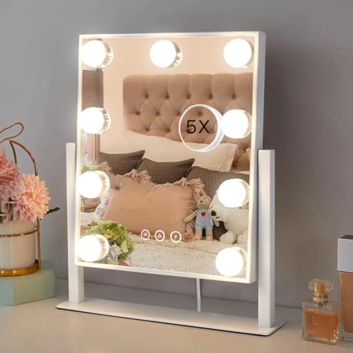 HIEEY Hollywood Vanity Mirror with Lights, Makeup 9 Dimmable Bulbs Three Color Lighting Modes, and 5X Magnification Mirror, Smart Touch Control, 360°Rotation (White) - style: 14.1"L x 11.4"W (9 Bulbs)