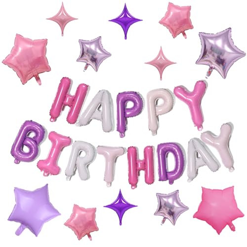 KALOR Purple and Pink Happy Birthday Balloons Kit with 16 Inch Mylar Foil Letters Balloon and Star Balloons for Birthday Party Decorations Photo Booth Backdrop - color: Purple Pink Star