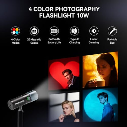 PHOTOOLEX 4 Colors Photography Flashlight with 20 Magnetic Pattern Gobos, 8400mAh Portable Spotlight, 10W LED Studio Light for Photo, Content Creation Accessories