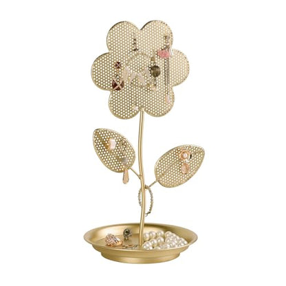 NIKKY HOME Floral Shape Earring Holder Hanging Organizer Stand Metal Jewelry Tree Table Top Ear Stud Holder Tower Rack with Ring Tray for Girls, Gold