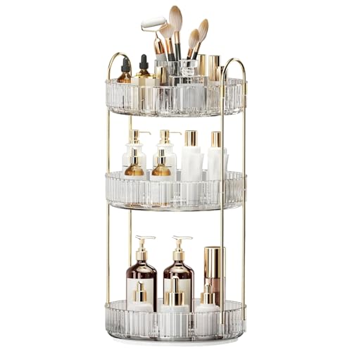 360° Rotating Makeup Organizer, Large-Capacity Skincare Make Up Storage 3 Tier Perfume Organizers Cosmetic Dresser Organizer with Makeup Brush Holder, Fits Bedroom, Bathroom, Vanity Shelf Countertop - color: Transparent, size: 3 Tier