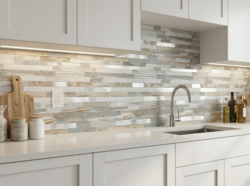 Yipscazo 10 Sheets Peel and Stick Stone Metal Tile Backsplash, Stick on Tiles for Backsplash Kitchen, Bathroom, Laundry Room, Camper, Fireplace (12'' X 12'', White Wood with Metal) - color: White Wood With Metal