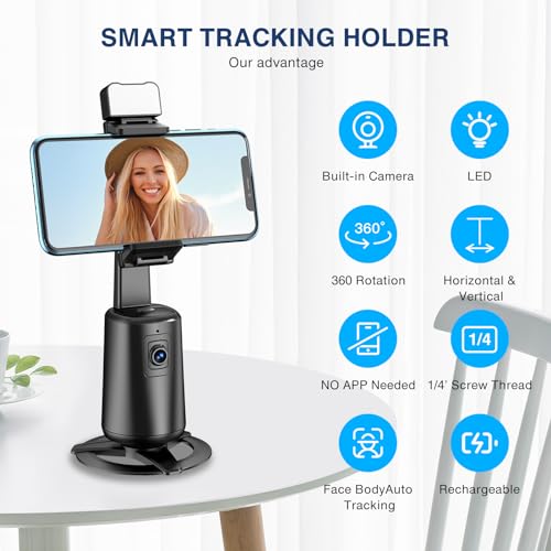 Auto Face Tracking Tripod 360° Rotating Cell Phone Photo and Video Kits Stand, No App, Camera Stand with Remote and Gesture Control, Rechargeable Smart Shooting Stand for Live Recording Tiktok（Black） - color: Black