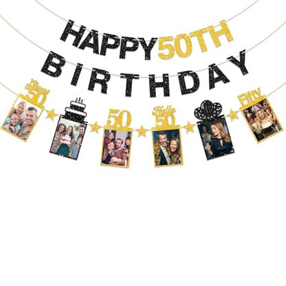 Guiruiy Black Gold 50th Birthday Decorations for Men Women, Pre-strung Glitter Happy 50th Birthday Hanging Photo Banner Party Supplies, Cheers to 50 Years Old Bday Banners - style: Black Gold 50th