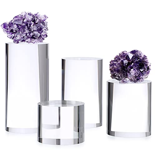 Hipiwe 4-Pack Acrylic Display Risers Figures Display Stand Holder Clear Cylinder Tabletop Jewelry Perfume Showcase Organizer for Geodes Rock Small Collectibles Display Blocks