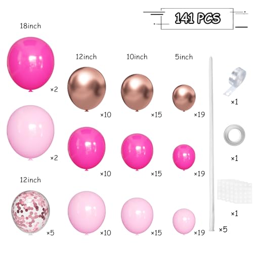 MEBAY Pink Balloon Garland Arch Kit, 141Pcs Different Shades of Pink Balloons with Rose Gold Confetti for Mother's Day Bridal Baby Shower Birthday Princess Wedding Party Decorations - color: Hot Pink-rose Gold