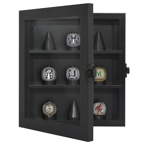 Americanflat 8x9 Championship Ring Display Case with Lock and Key - Hold 9 Rings - Black Ring Case for Jewelry Display with Shatter-Resistant Glass - Freestanding or Wall-Mounted Displays for Rings - color: Black, size: 8x9