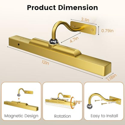 Picture Frame Light, 12" Rechargeable Wireless Battery Powered Lighting, Dimmable LED with Remote 3CCT for Wall Art Gallery Display (Gold) - color: Gold, size: 12IN-1pack