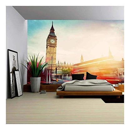 wall26 - London, The UK. Red Buses in Motion and Big Ben - Removable Wall Mural | Self-Adhesive Large Wallpaper - 66x96 inches - color: Artwork - 23, size: 66"x96"