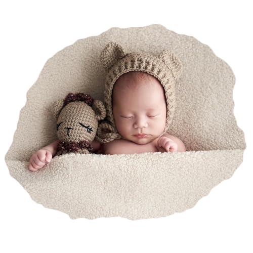Zeroest Newborn Photography Outfits Boy Girl Bear Props Baby Photoshoot Crochet Bonnet Stuffed Animals for Newborn Photo - color: Light Camel