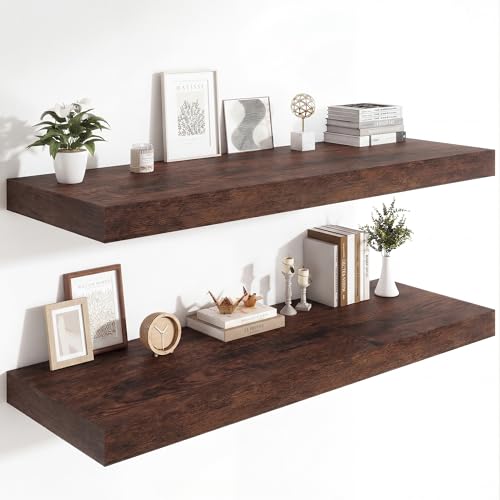 Heimlove 12 Inch Deep Floating Shelves, 48 x 12 inches Long Wall Shelf, Large Display Shelf & Storage Shelf, Rustic Wood Wall Shelves for Fireplace Mantel, Set of 2(Rustic Brown) - color: Rustic Brown, size: 48"W x 12"D x 2"H, Set of 2
