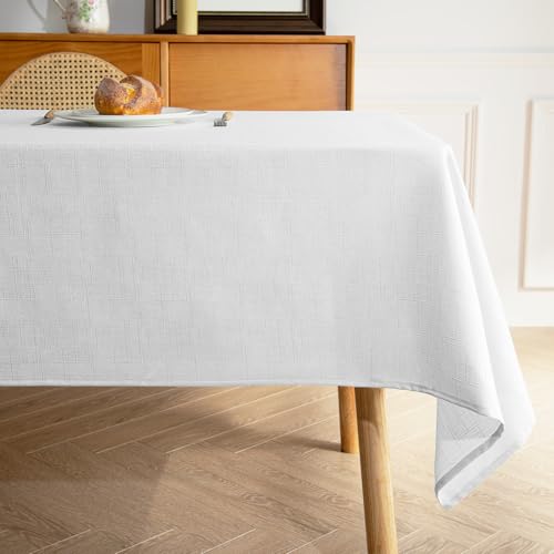 MikiUp Faux Linen Tablecloth - Slubby Textured Weaves Table Cloth for Rectangle Tables, Wrinkle Free Washable Fabric Table Cover for Dining, Farmhouse, White 60 x 84 Inch - color: L-white, size: 84" x 60" (Rectangular)