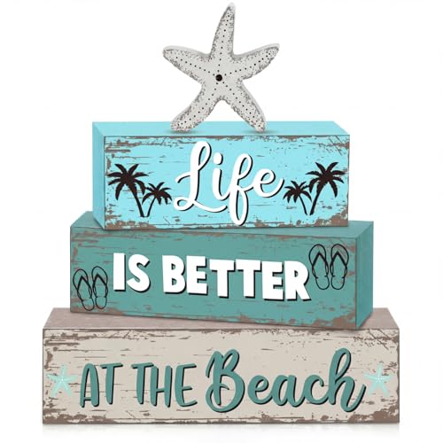 Geelin 4 Pcs Summer Table Decorations Ocean Life Better Wooden Block Signs Beach Theme Starfish Palm Slipper Tabletop Centerpieces Farmhouse Tiered Tray Decor for Home Table Kitchen Shelf - style: Ocean