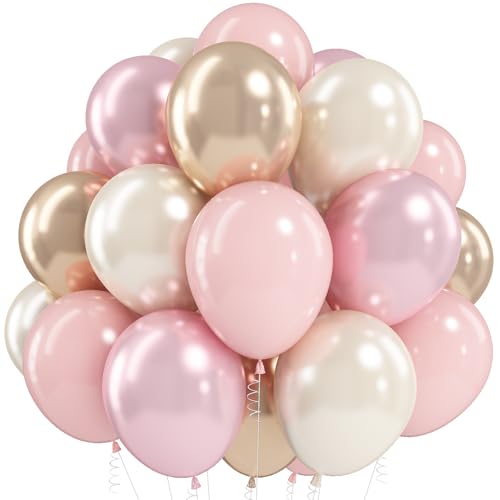 White Pink Gold Balloons Set, 12 Inch Double Stuffed Pearl White Sand Blush Pale Light Pink Apricot Champagne Gold Helium Balloon for Fairy Birthday Wedding Easter Baby Bridal Shower Party Decorations - color: Pink White