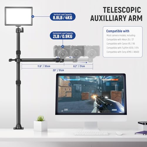 NEEWER Desk Stand with 2 Telescopic Boom Arms Phone Holder for Mic Camera Webcam Ring Light, Desktop Overhead Microphone Mount with C Clamp, Ball Heads, Screw Adapter, Cleaning Cloth, TL253A+DS001 - style: TL253A+DS001 w/Cleaning Cloth