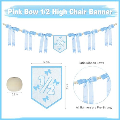 1/2 Birthday Girl Half Birthday Decorations - blue Bow It's My 1/2 Birth Banner, Glitter Cake Topper, Ribbon Bow Wood Bead High Chair Banner & Cone Hat, Halfway to One Baby Girl Party Supplies(Blue) - color: Blue