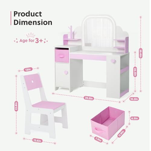 Kids Vanity with Lights and Chair, Princess Makeup Vanity Desk with Mirror Bookshelf Storage Cabinet,3 in 1 Toddler Vanity Table,Children Makeup Dressing Table,Pretend Play Vanity Set for Little Girl