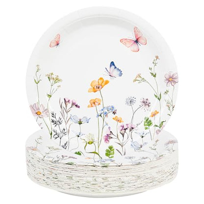 AimFun 24 Pcs Wildflower Paper Plates Watercolor Floral Disposable Party Dessert Plate 7" Rustic Botanical Butterflies Plates for Spring Summer Bridal Baby Shower Tea Party Supplies