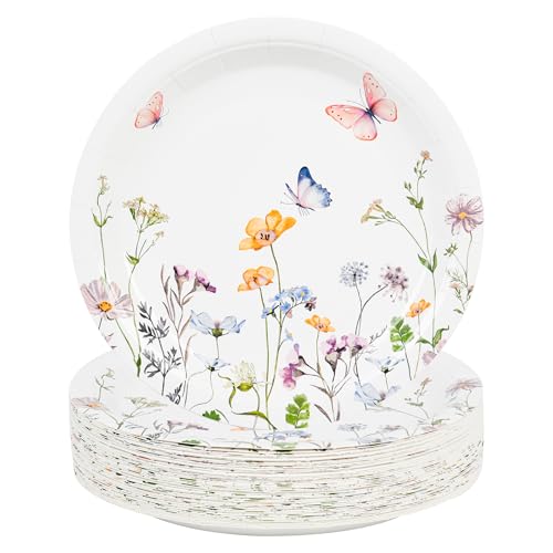 AimFun 48 Pcs Wildflower Paper Plates Watercolor Floral Disposable Party Dessert Plate 7" Rustic Botanical Butterflies Plates for Spring Summer Bridal Baby Shower Tea Party Supplies