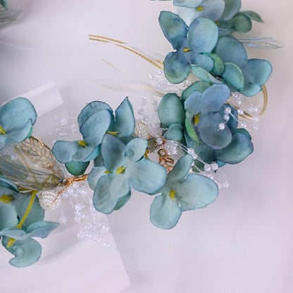 Adjustable Flower Crown Headband for Women - Floral Garland Hair Wreath with Crystal Accents Perfect for Weddings Flower Wands Photo Props (Dark Green Flower, Adjustable) - color: Dark Green Flower
